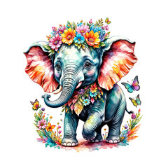 Obraz premium Elephant Sticker Colorful Elephant Bliss A Bouquet of Joy Surrounds the Cartoon Elephant Sticker on Transparent Background, Adorned with Vibrant Flowers and Rainbow Butterflies - Generative AI 
