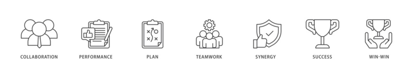 Partnership icons set collection illustration of collaboration, performance, plan, teamwork, synergy, success and win win solution icon live stroke and easy to edit 
