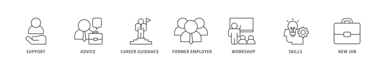 Outplacement icons set collection illustration of mer employer, workshop, skills, new job, training, and presentation icon live stroke and easy to edit 