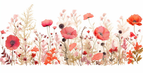 wildflowers in red pink and coral on a white background