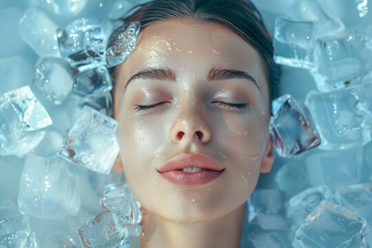 An image of a lady  ice bathing in chilly water with ice cubes around him depicts the notion of cold treatment and serenity closed eyes and space, Generative AI.