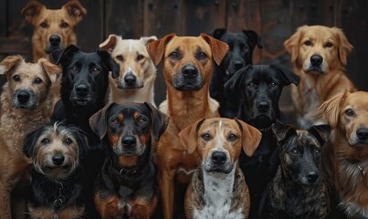 Group portrait of dogs of various shapes, sizes, and breeds. Stray pets with happy expression waiting for adoption.