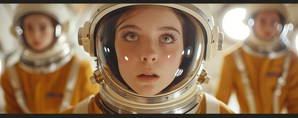 Actors wearing cheesy sci fi costumes from outer space for a retro science fiction television show or movie. Big makeup, helmet, space suit.