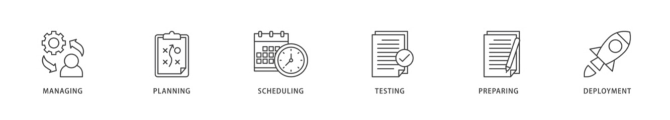 Release management icons set collection illustration of managing, planning, scheduling, building, testing, preparing and deployment icon live stroke and easy to edit 