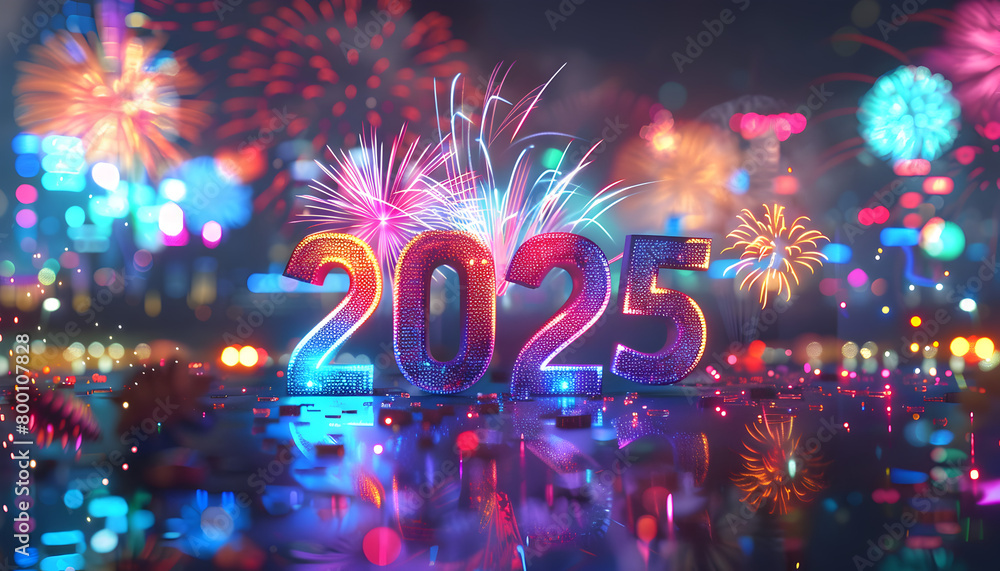 Aufkleber a fireworks display with the number 2025 written in red. the fireworks are set off in the background