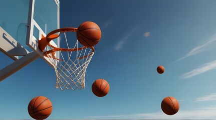 3D rendering of basketballs flying towards the hoop The background is a light blue sky One ball flies out from under an aquamarine backboard.generative.ai 