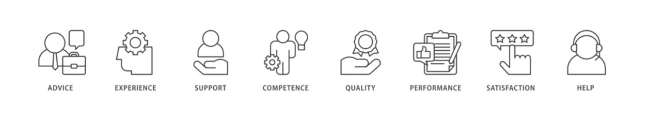 Service icons set collection illustration of advice, experience, support, competence, quality, performance, satisfaction, help, and call center icon live stroke and easy to edit 
