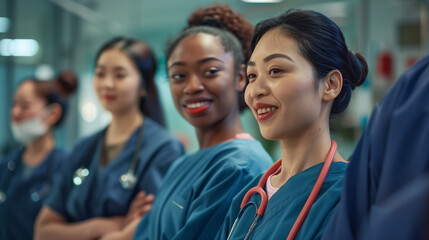 Obraz premium A photo capturing nurses from various ethnicities and age groups engaging in continuing education and professional development activities on National Nurses Day.