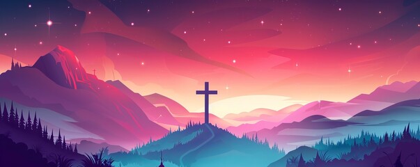 Good friday banner illustration with cross on the hill