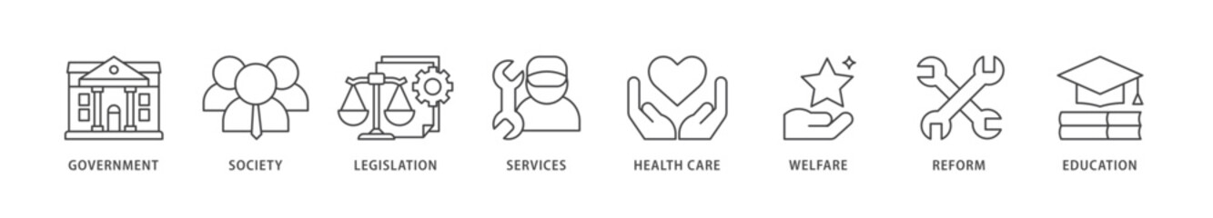 Social policy icons set collection illustration of education, reform, services, welfare, health care ,legislation, society, government icon live stroke and easy to edit 
