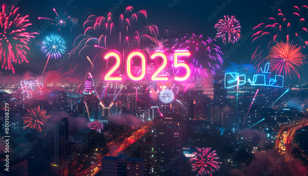 Poster a city skyline with a large number of fireworks lit up in the sky. the fireworks spell out the numbe