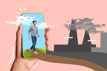 Composite photo collage of happy man walk iphone screen path relocation village vs city air pollution smog isolated on painted background