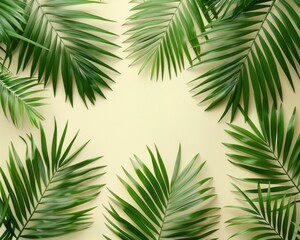 green palm leaf branches on white background. flat lay, top view