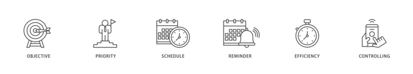 Time management icons set collection illustration of objective, priority, schedule, reminder, efficiency, alerts, and controlling icon live stroke and easy to edit 