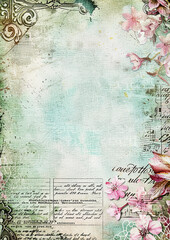 antique vintage old retro paper with vintage flowers bouquet watercolor and pieces of newspaper with old paper background