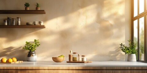 Modern kitchen in beige colors with sunlight casting shadows on a wall with floating shelves,...