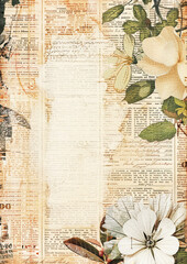 antique vintage old retro paper with vintage flowers bouquet watercolor and pieces of newspaper with old paper background