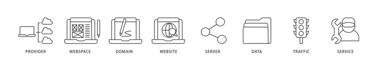 Web hosting icons set collection illustration of provider, webspace, domain, website, server, data, traffic and service icon live stroke and easy to edit 