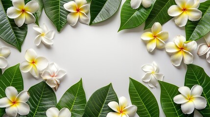 A white frame setting encompasses an array of white plumeria blooms with gigantic lush leafy foliages lovely space in the middle and space, Generative AI.