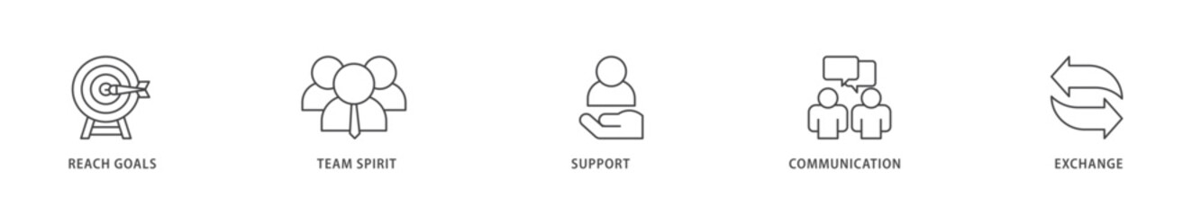 Working together icons set collection illustration of collaboration, reach goals, team spirit, support, communication, and exchange icon live stroke and easy to edit 