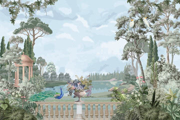 Fototapeta premium Vintage classical garden with peacock, tree, lake, bird landscape illustration