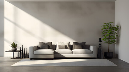 modern living room boasts a chic pale gray wall, elegant sofa, and contemporary decor accents