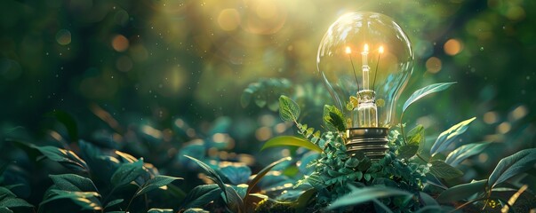 Environmentally friendly lightbulb with ecosystem inside showing sustainable energy through green plants, leaves and nature