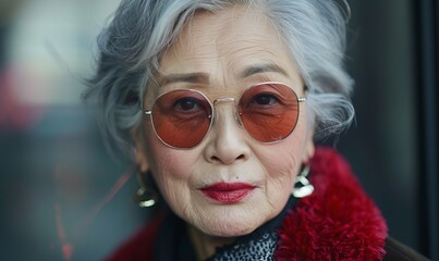 Stylish senior Asian woman with rose colored glasses. Generative AI.