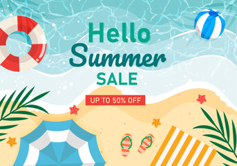 Hello Summer sale beach top view banner. Trendy texture. Season vocation, weekend, holiday logo. Summer Time Wallpaper. Happy shiny Day. Modern vector Lettering. Fashionable styling.