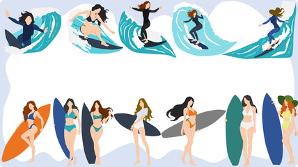 サーフィンをする女性のフレームイラスト