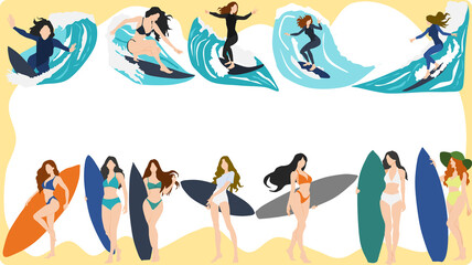 サーフィンをする女性のフレームイラスト