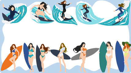 サーフィンをする女性のフレームイラスト