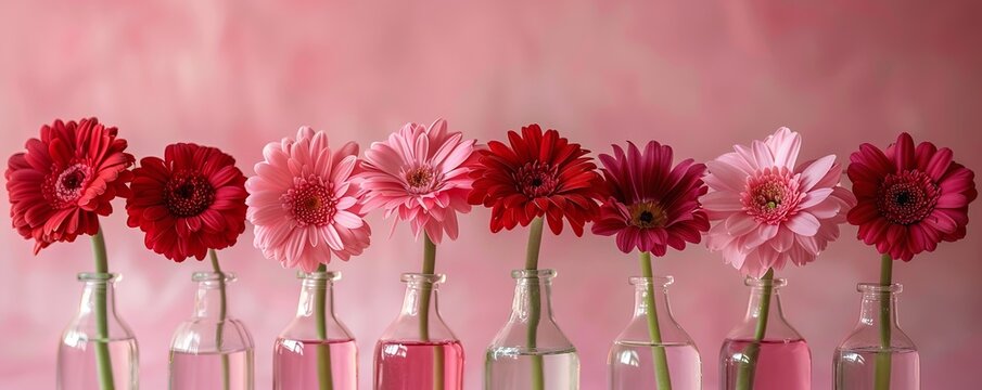 abstract stil life of red and pink gerber flowers in glass vases
