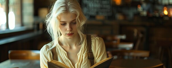 Albino girl reading a book in a cafÃ©