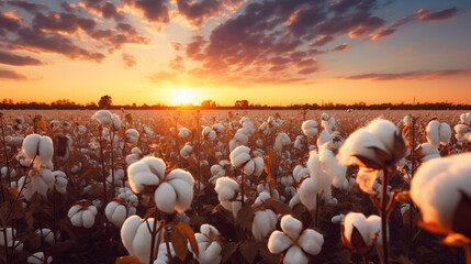 cotton field at sunset, warm golden hour light 