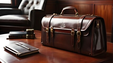 A well-worn leather briefcase placed next to a polished mahogany desk 