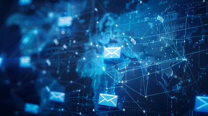 Glowing email icons on blue background.Futuristic Digital Data Network: A Visualization of Interconnected Information