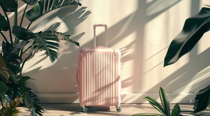 A mockup of light pink travel suitcase standing on floor with palm trees and leaves as decoration with a big space for text or product advertisement background, Generative AI. - obrazy, fototapety, plakaty