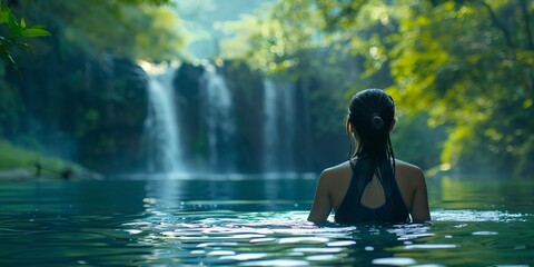 Asian woman in a natural pool surrounded by lush greenery, tranquility of natural beauty