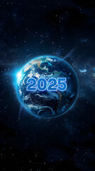 A blue and white poster of a planet with the number 2025 on it. The poster has a space theme and is meant to represent the year 2025. Generative AI