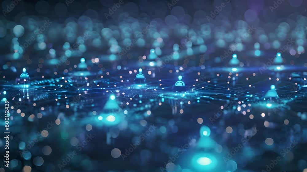 Poster blue network grid illustrating connected data points and user icons