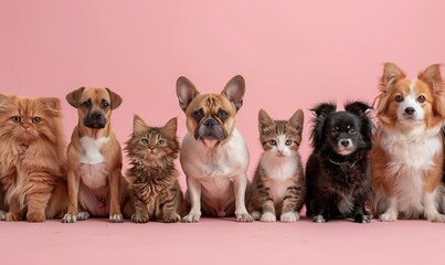Dogs and cats lined up together for a portrait in front of a seamless pink background. Mixed breeds at an animal shelter.