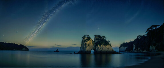Night panoramic view of Cathedral Cove