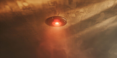 Modern Smoke detector alarm with glowing led light in the dark - obrazy, fototapety, plakaty