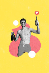 Vertical photo collage of happy sexy guy hold beer bottles alcohol relax vacation trip pool party hangover isolated on painted background - obrazy, fototapety, plakaty