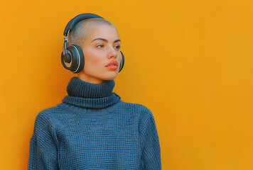 teenager shaved head female with headphones