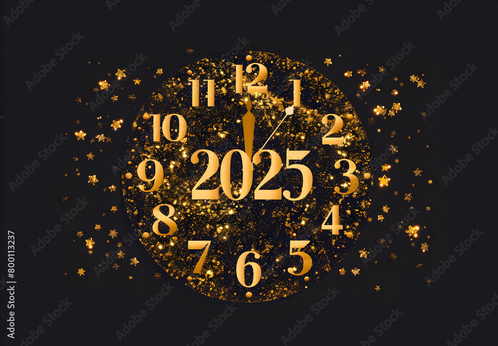 Aufkleber a clock with the numbers 1 to 12 and the number 2025 on it. the clock is surrounded by glitter and s