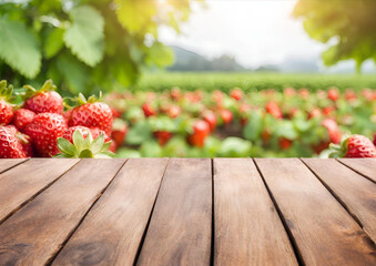 Wooden table top on blur strawberry farm background in daytime. For montage product display or design key visual layout
