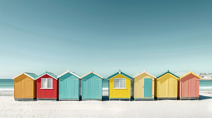 A colorful collection of beach huts lining the shore against a cloudless sky.
