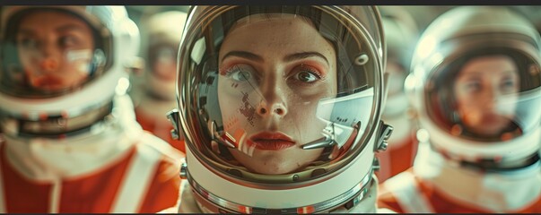 Actors wearing cheesy sci fi costumes from outer space for a retro science fiction television show or movie. Big makeup, helmet, space suit.